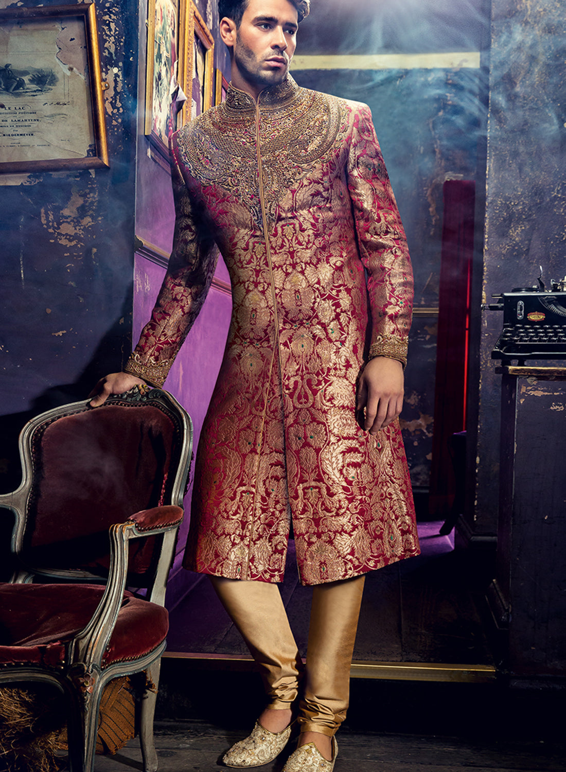 Sherwani red clearance and gold