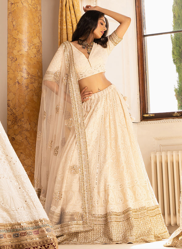 Contemporary Ivory Lucknowi Bridal Lehenga