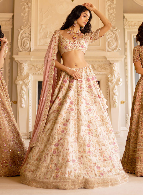 Ivory And Pink Bridal Modern Floral Lehenga