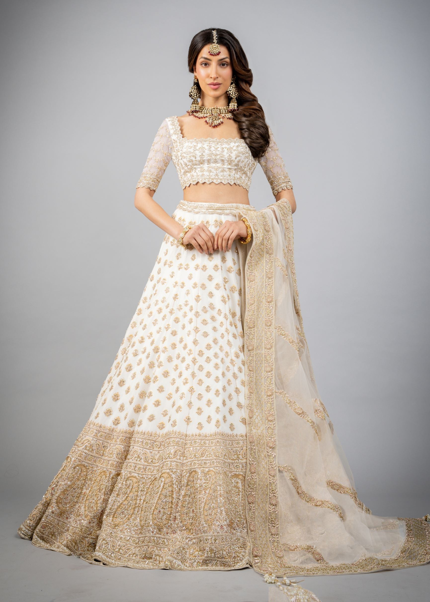 Buy Ivory lehenga choli with gold embroidery online – Panache Haute Couture