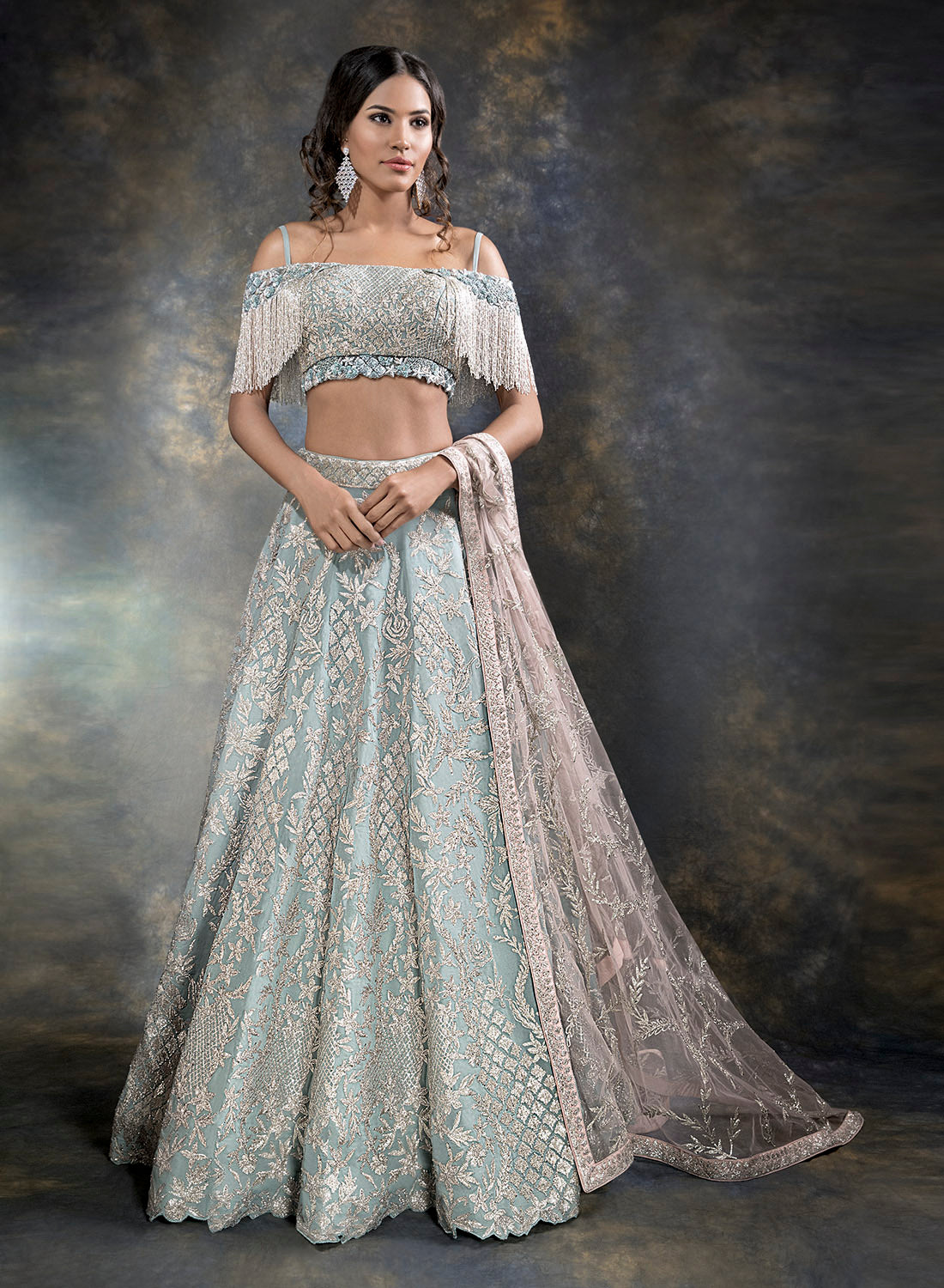Buy Gold Net Embroidered Floral Motifs Plunge Bridal Lehenga Set For Women  by Seema Gujral Online at Aza Fashions.